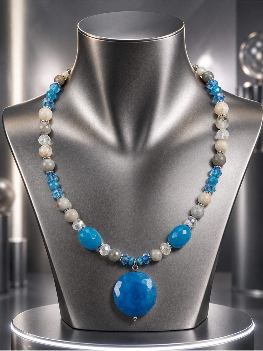 🆕😍Cerulean Blue & Gray Agate Semi Precious Necklace